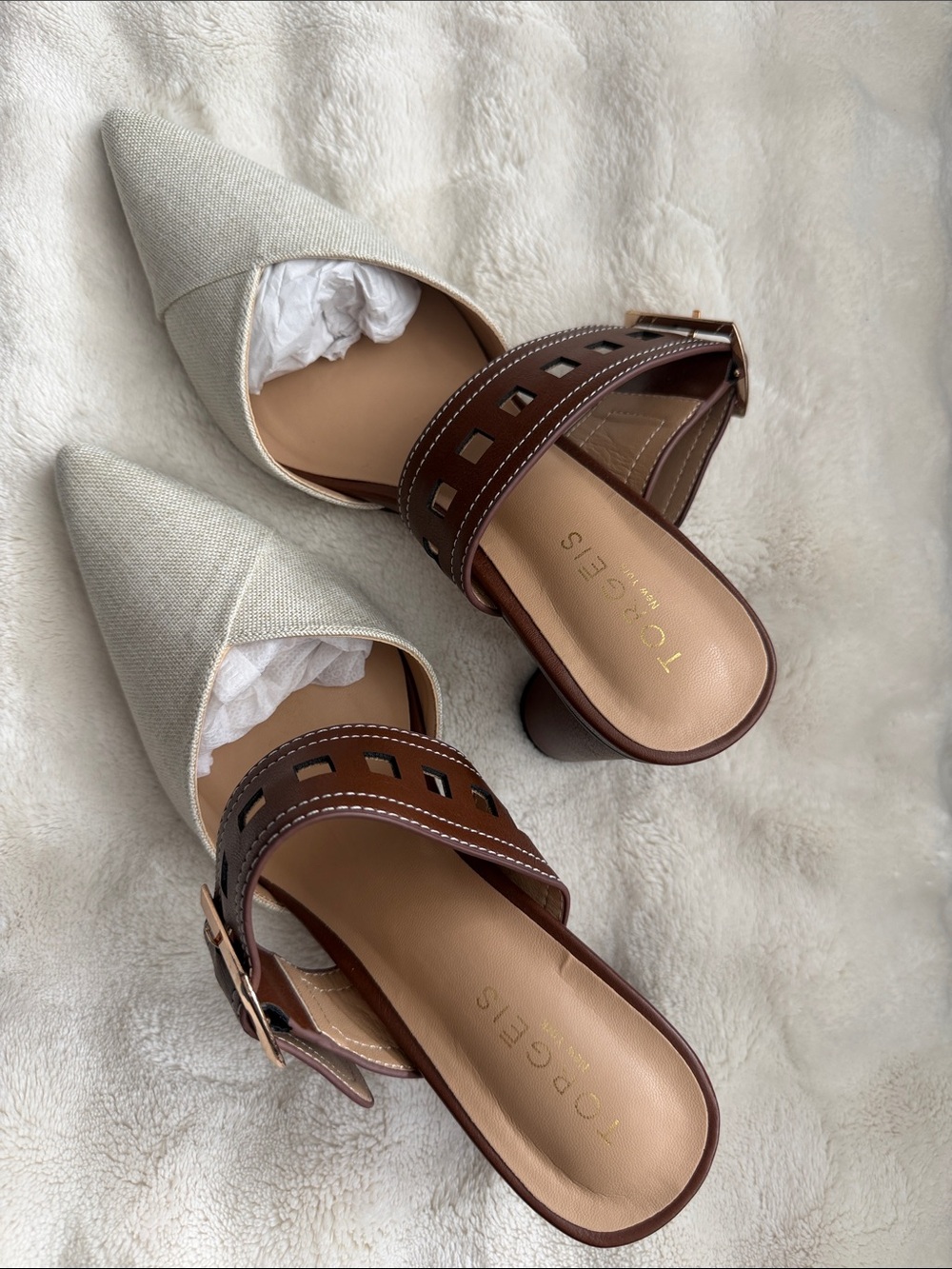 Torgeis Cream Pointed-Toe Mules with Brown Leather Strap